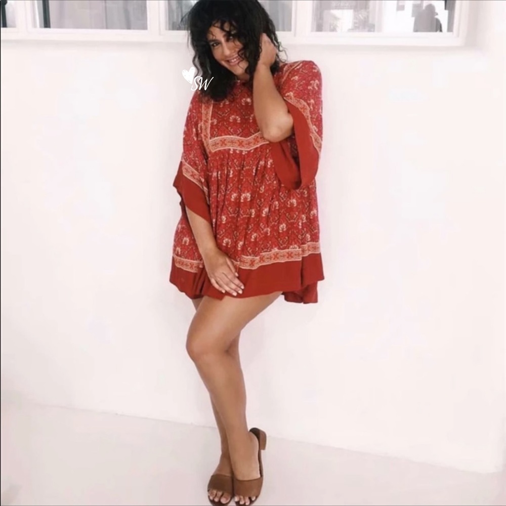 Boho Floral Paisley Gypsy Print Tunic Dress Red - Picture 3 of 9